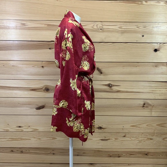 Vintage Victoria's Secret Robe Medium Red Gold Floral Short Pockets Wrap B161 - Picture 4 of 8